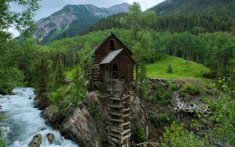 Abandoned Mill on River — Green