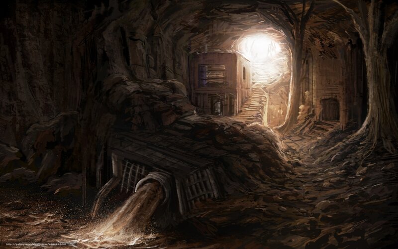 Abandoned Mine Tunnel — Brown, Dramatic, Digital Art, Stairs