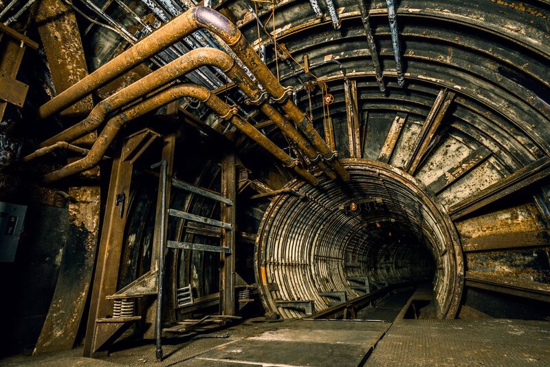 Abandoned Mine Tunnel — Brown, Dramatic, Photograph, Pipes