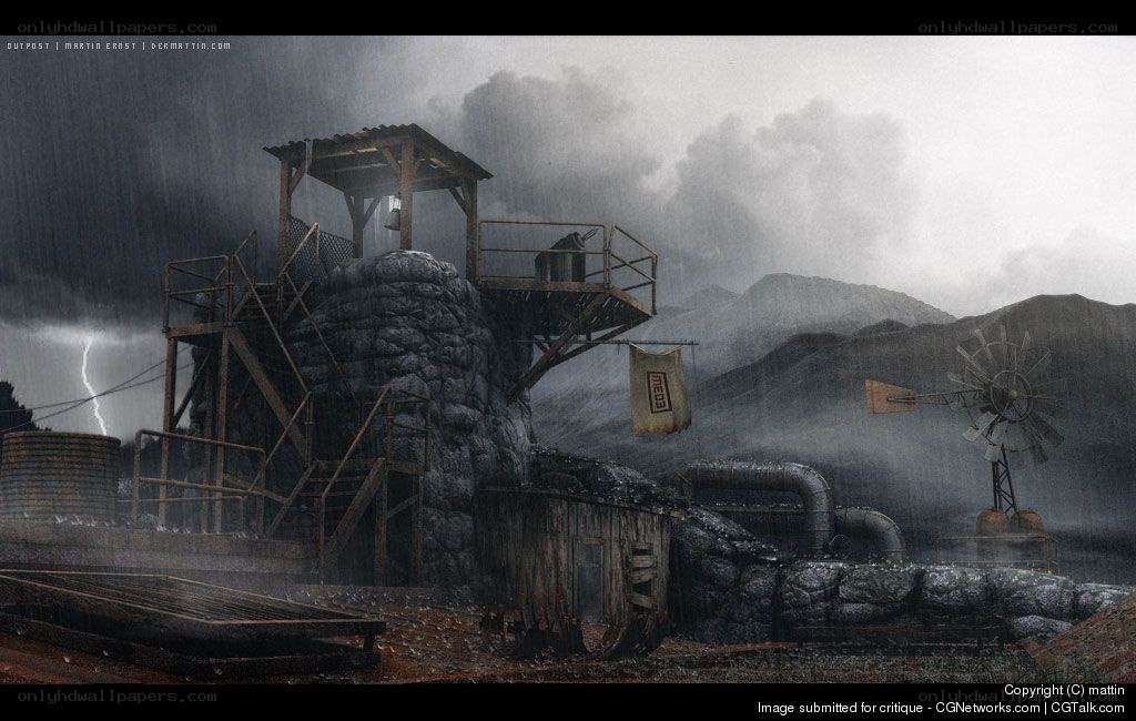 Abandoned mining outpost in storm