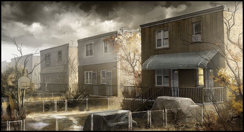 Abandoned neighborhood under stormy sky