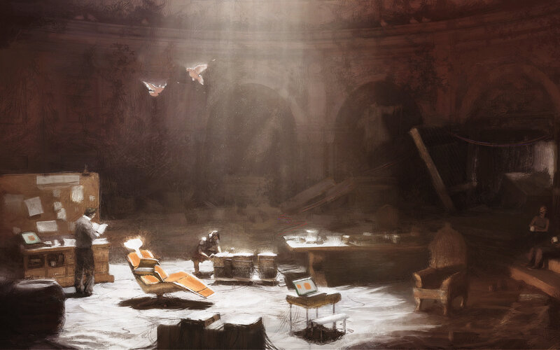 Abandoned office with birds