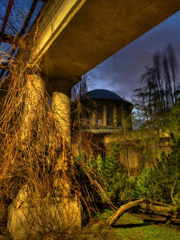Abandoned pavilion under bridge