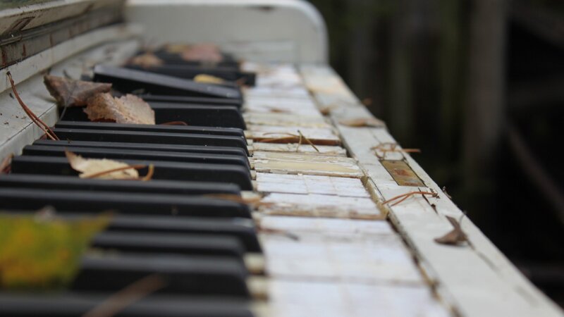 Abandoned Piano Keys — White, Melancholic, Autumn, Photograph, Leaves