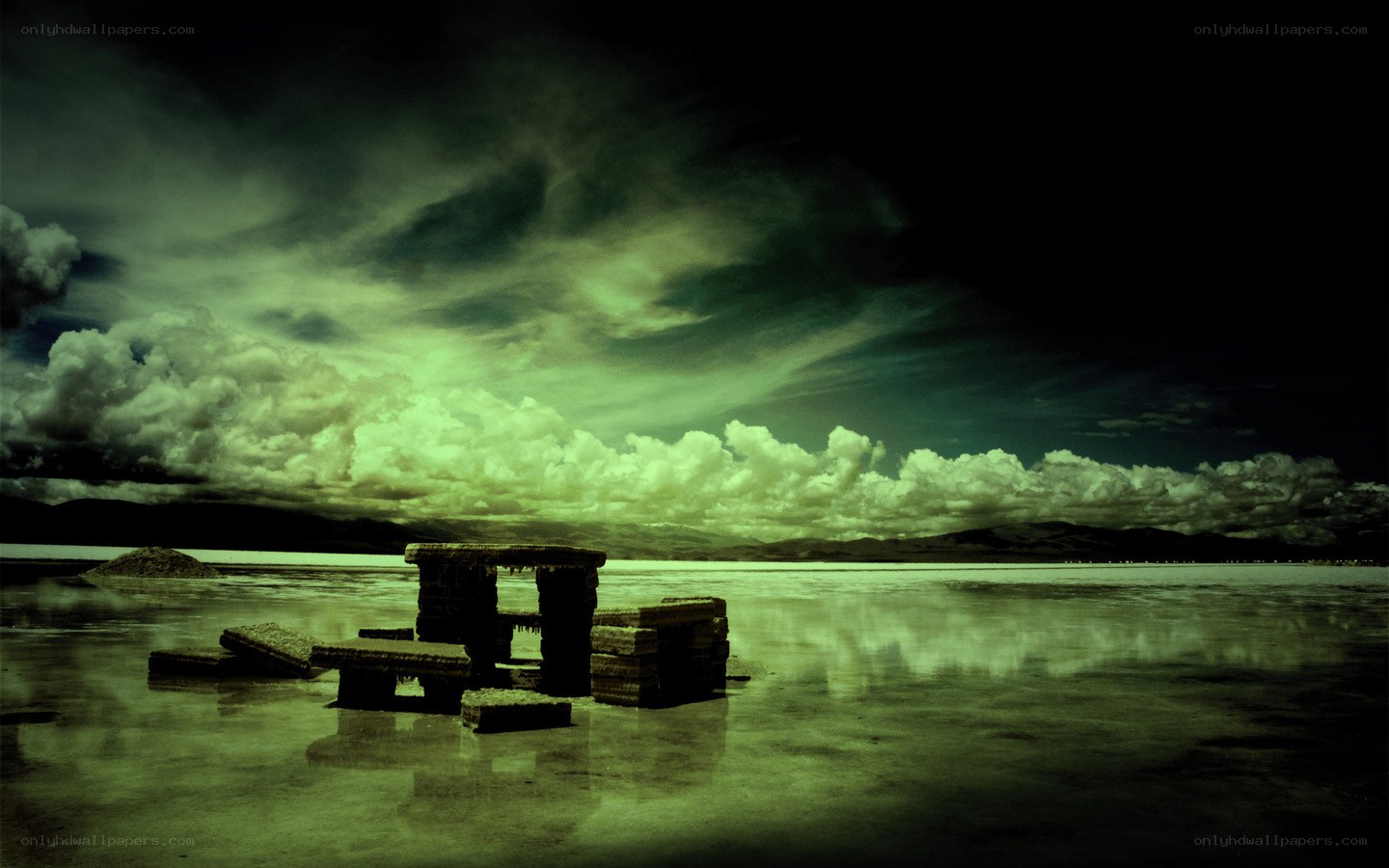 Abandoned picnic table on salt flat