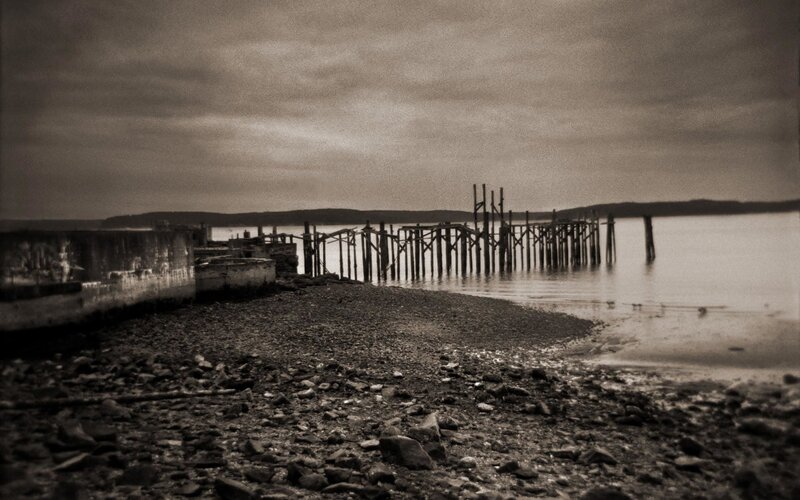 abandoned pier at dusk