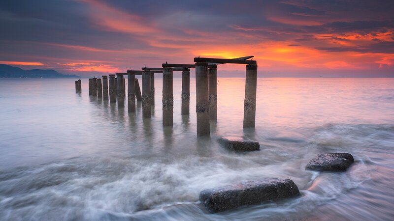 Abandoned Pier at Sunset — Orange, Serene, Photograph