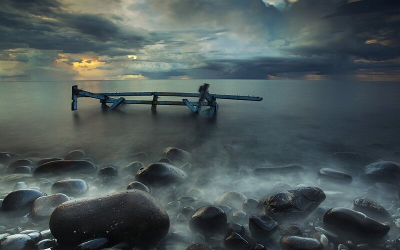 Abandoned Pier on Beach — Blue, Dramatic