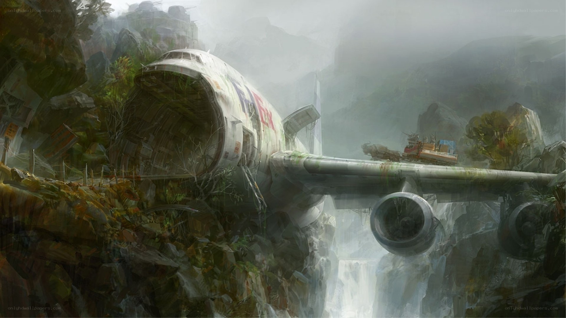 Abandoned plane in jungle canyon