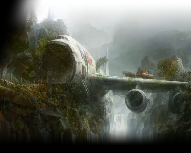 Abandoned plane in misty mountains