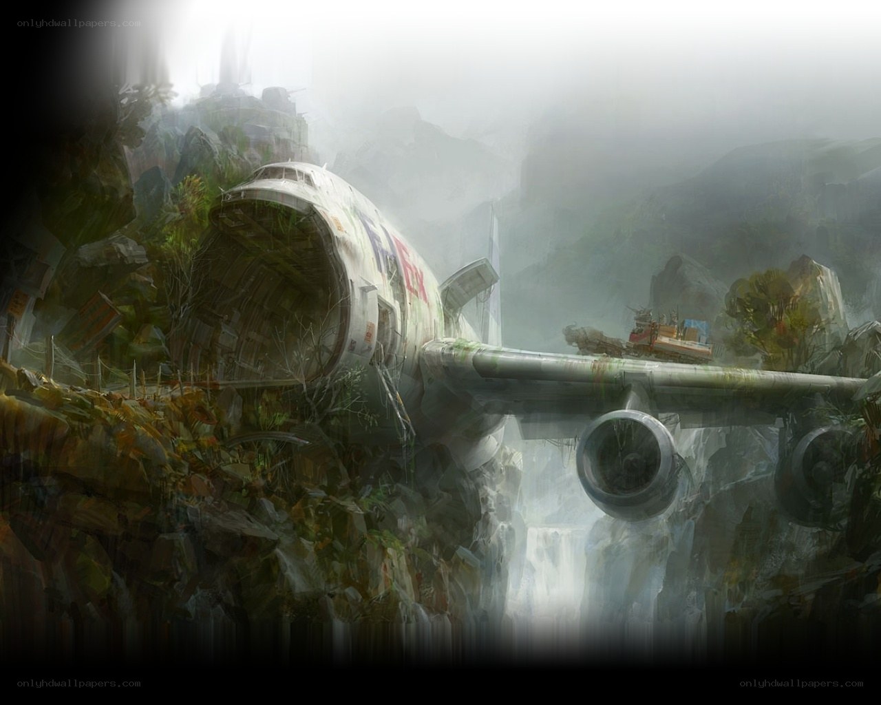 Abandoned plane in misty mountains