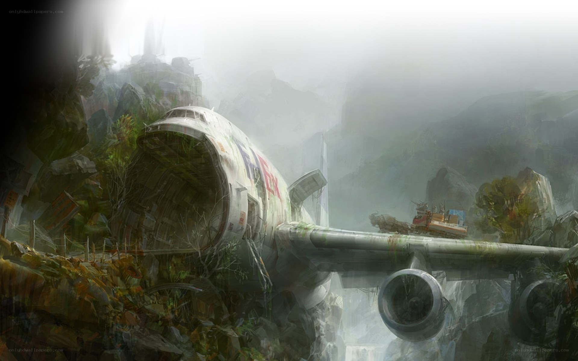 Abandoned plane in misty mountains