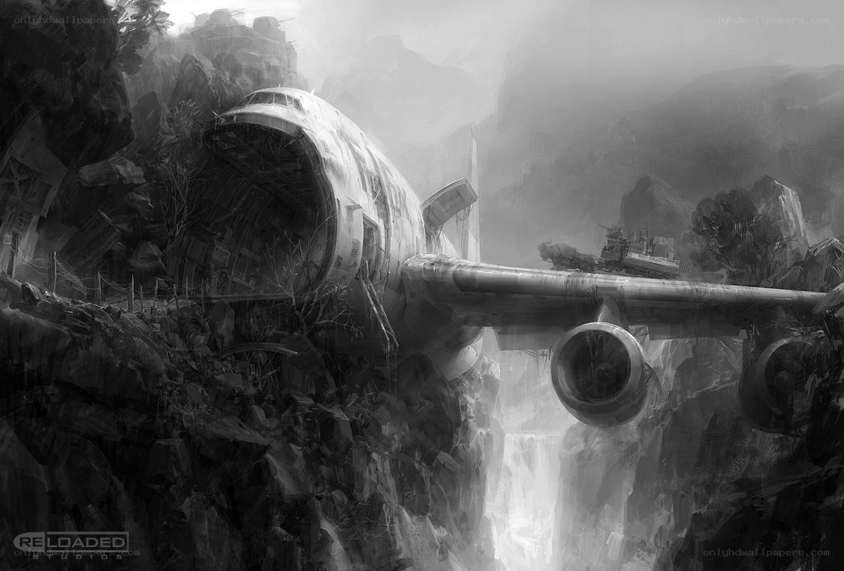 Abandoned plane in mountain canyon