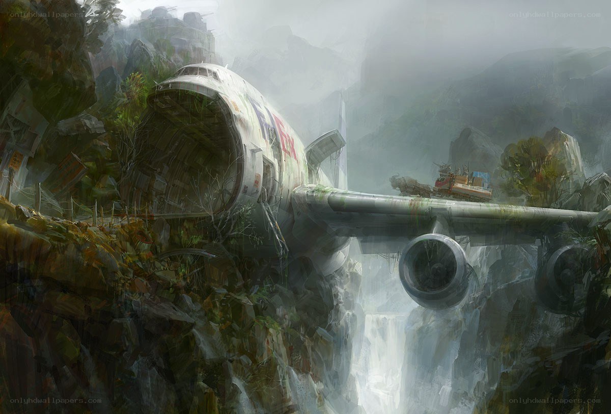 Abandoned plane in mountain valley