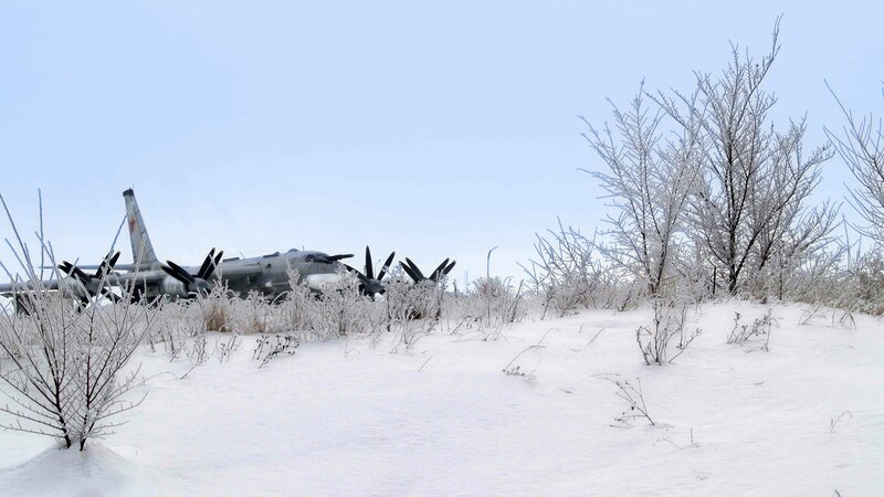 Abandoned plane in snowy landscape