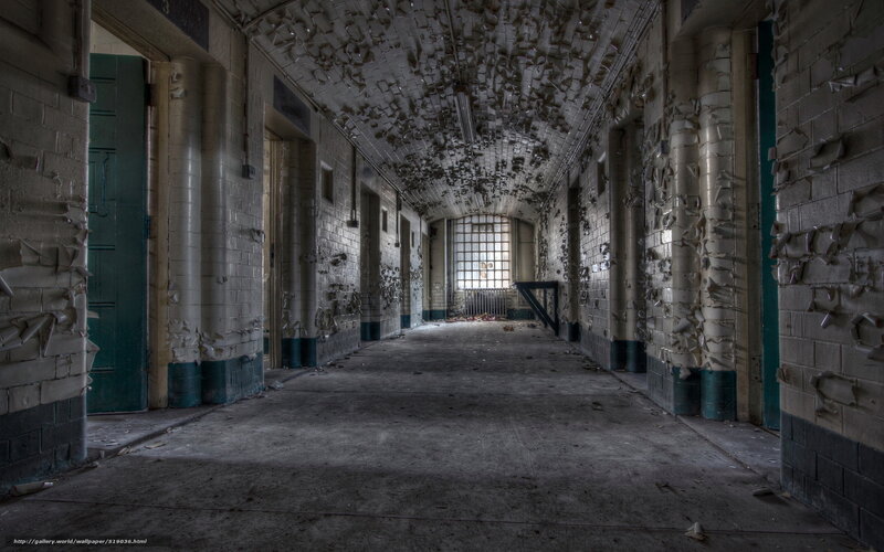 Abandoned Prison Corridor — Gray, Desolate, Photograph, Brick Walls