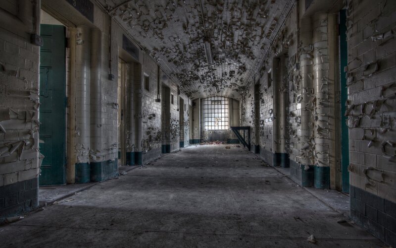 Abandoned Prison Corridor — Gray, Dramatic