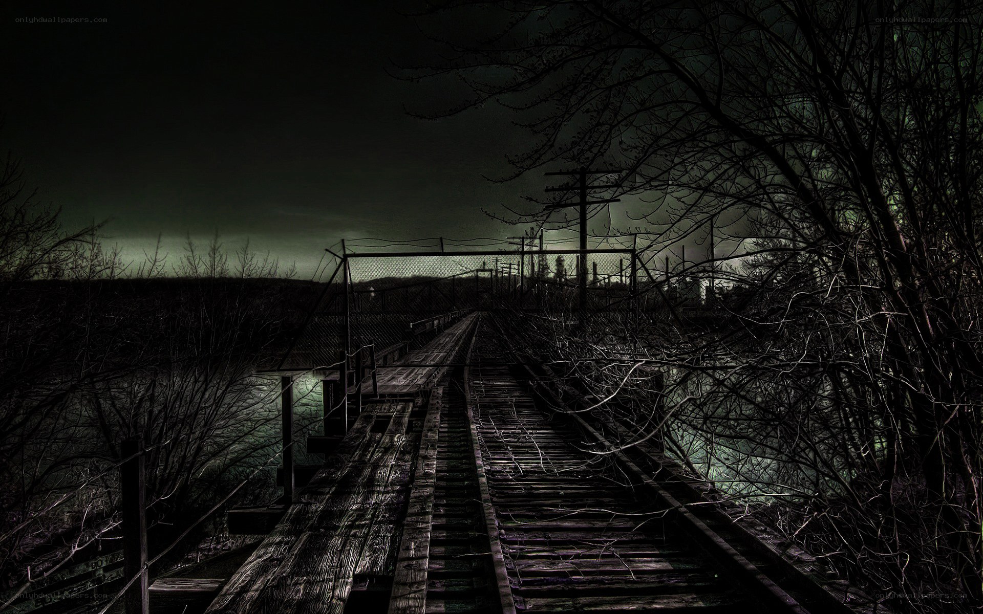 abandoned railway at night