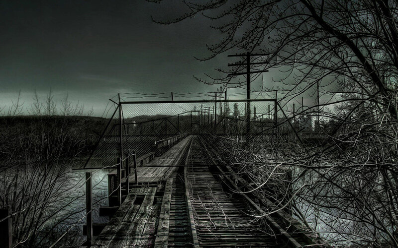 abandoned railway bridge at dusk