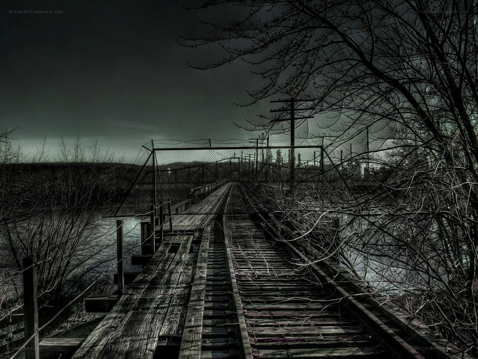 abandoned railway bridge at night