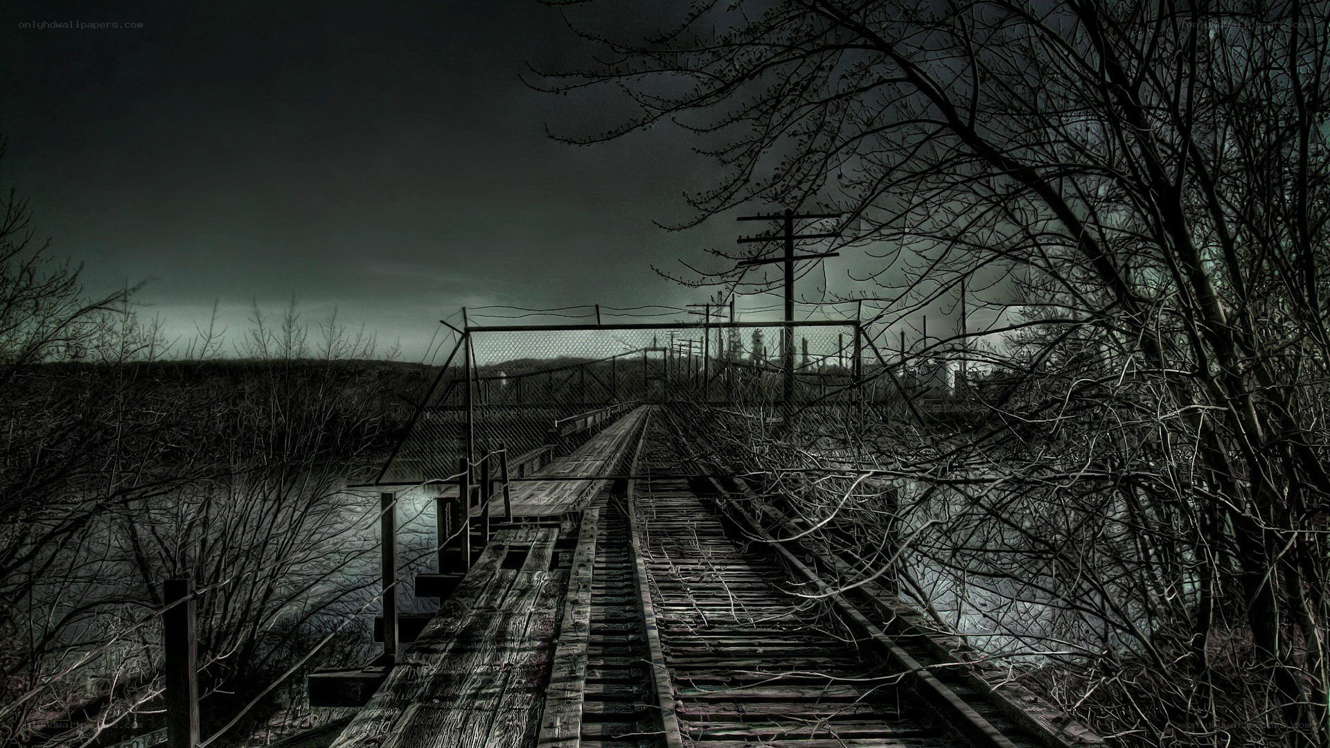 abandoned railway bridge at night