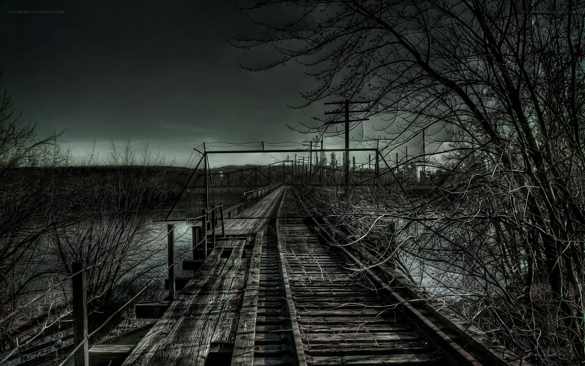abandoned railway bridge at night