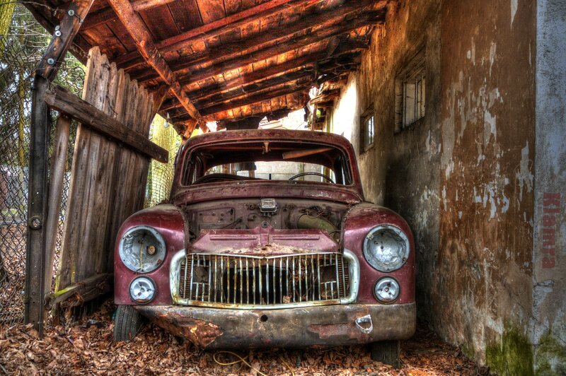 Abandoned Red Car — Dramatic, Autumn