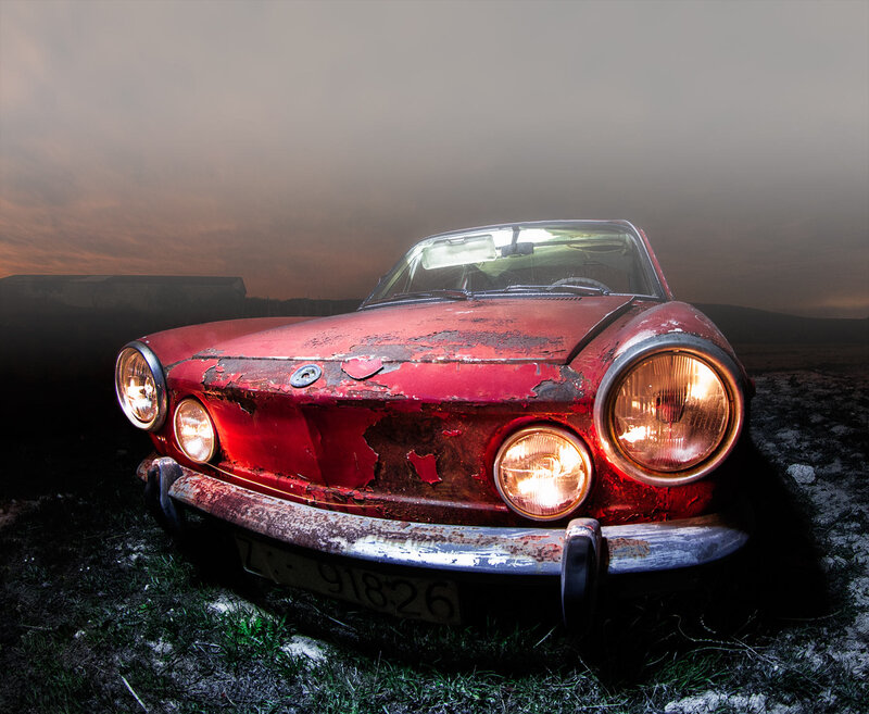 Abandoned Red Car — Dramatic, Sunset