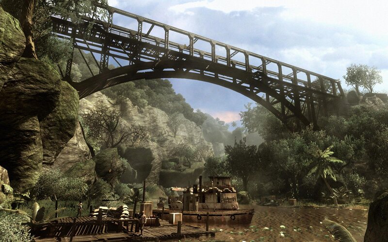Abandoned river bridge scene