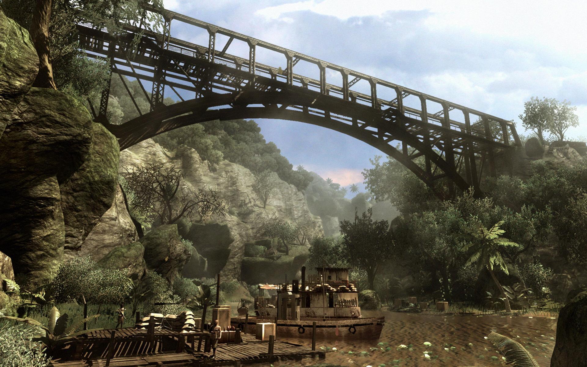 Abandoned river bridge scene