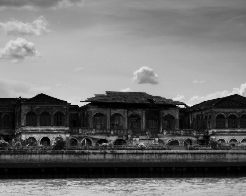 Abandoned riverside buildings