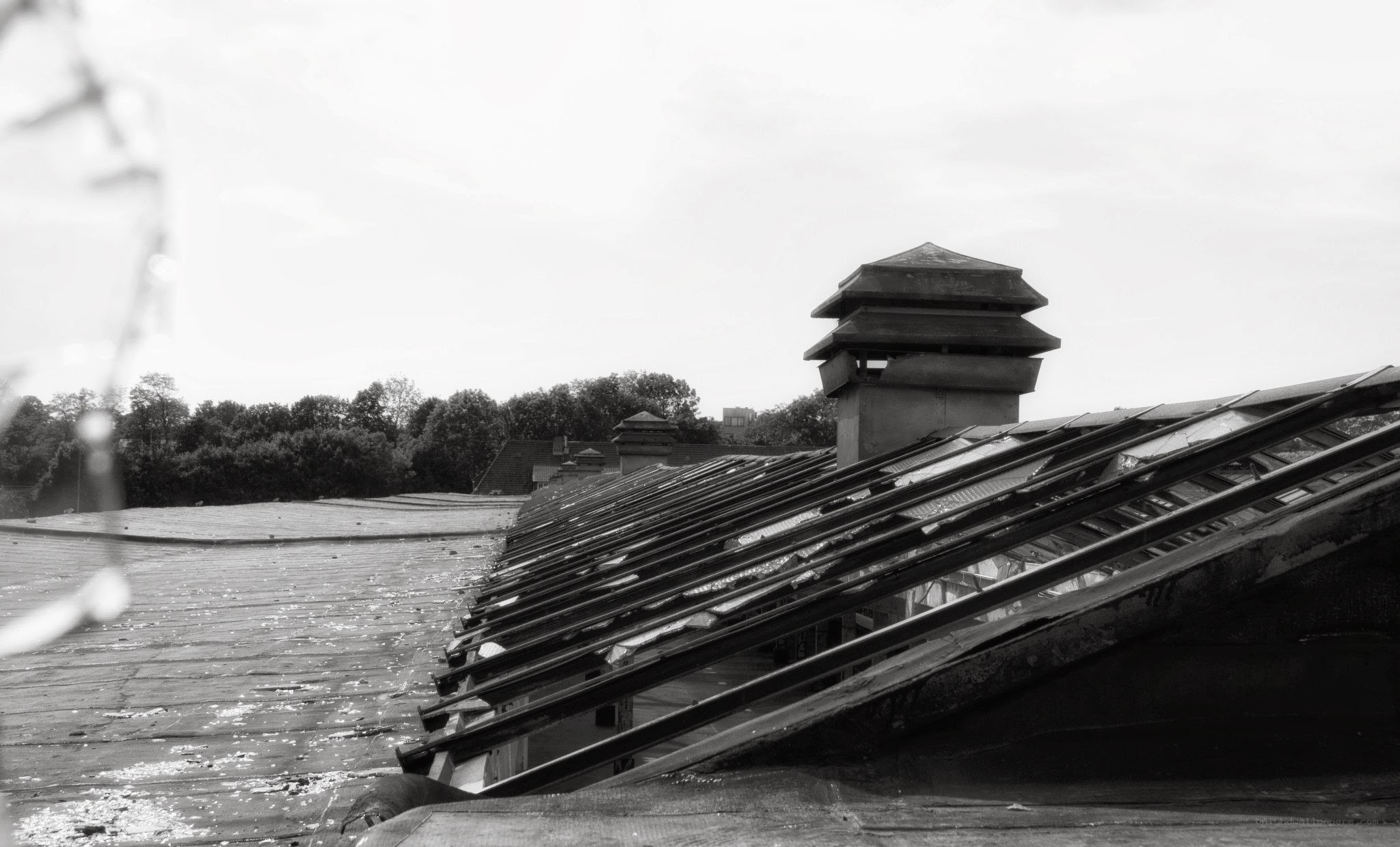 Abandoned roof with chimney