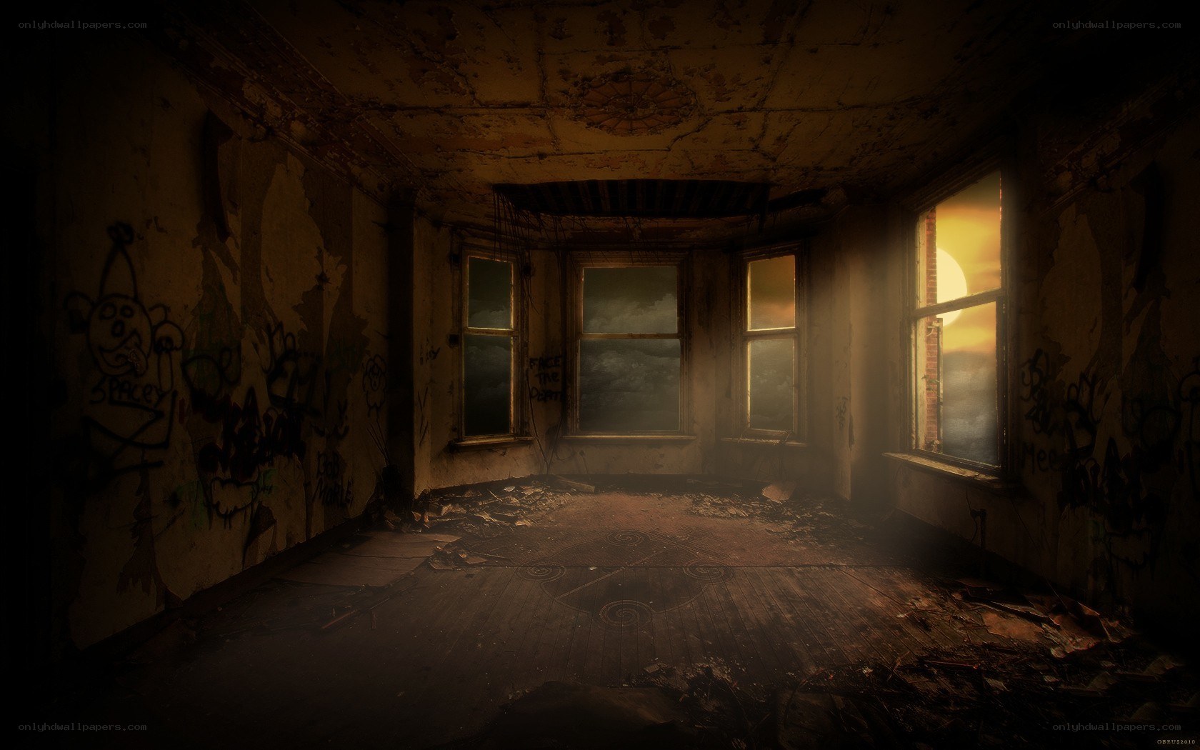 Abandoned room at sunset