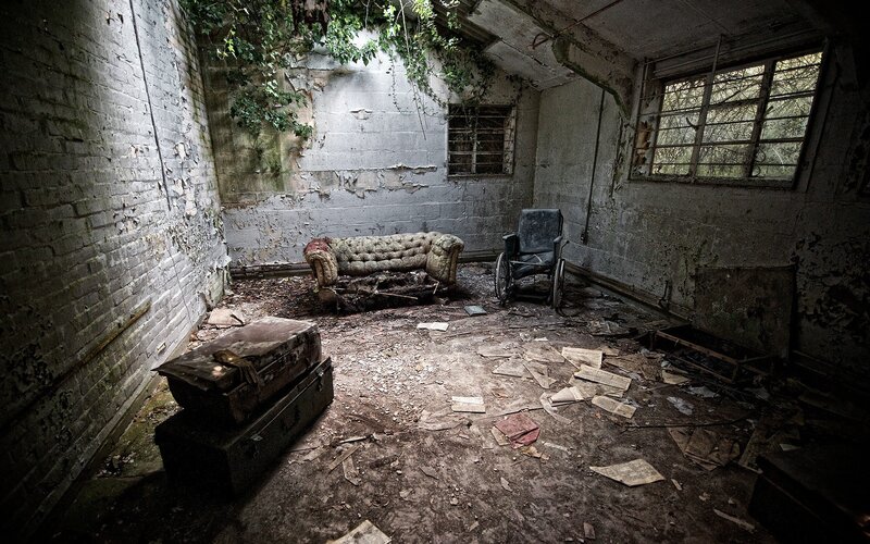 Abandoned Room Interior — Gray, Desolate, Photograph, Couch