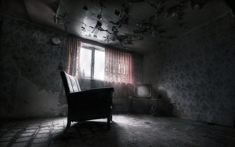Abandoned Room Interior — Gray, Dramatic, Photograph, Armchair