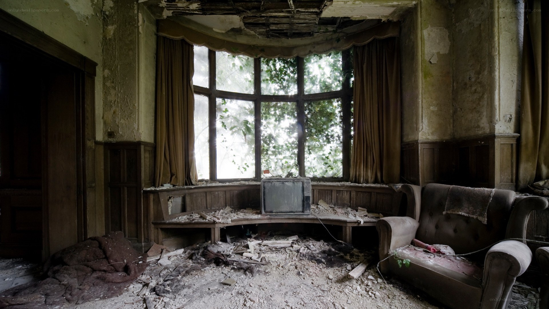 Abandoned room with bay window
