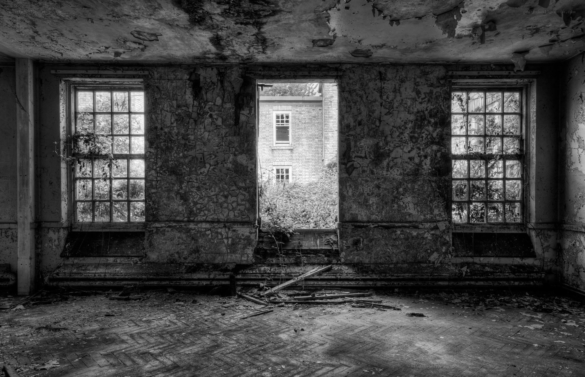 Abandoned room with broken windows
