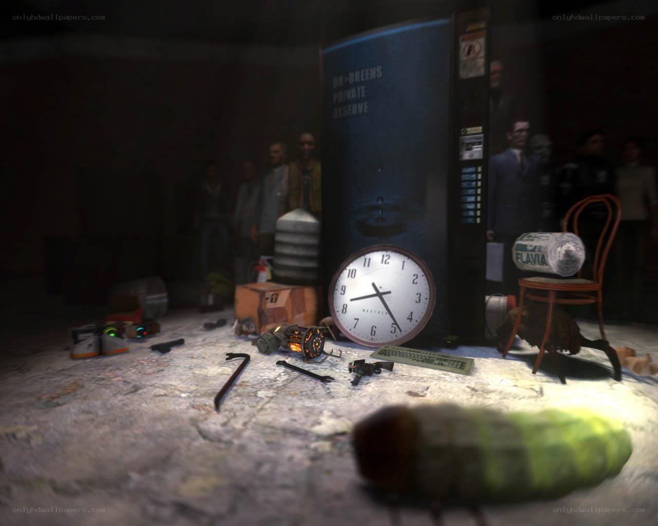 abandoned room with clock and debris
