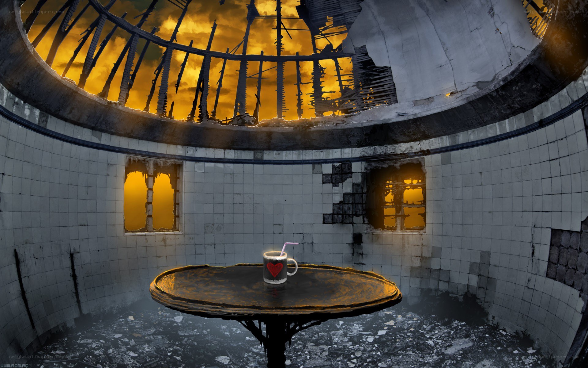 abandoned room with coffee cup