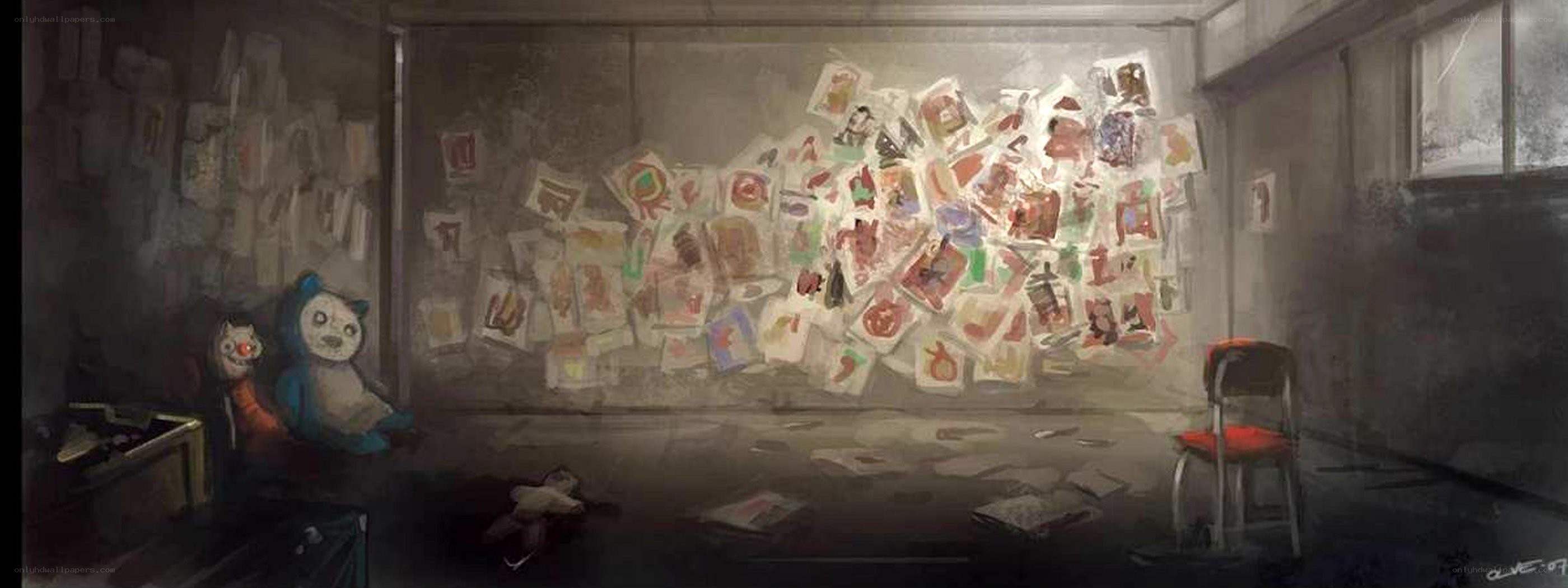 abandoned room with drawings