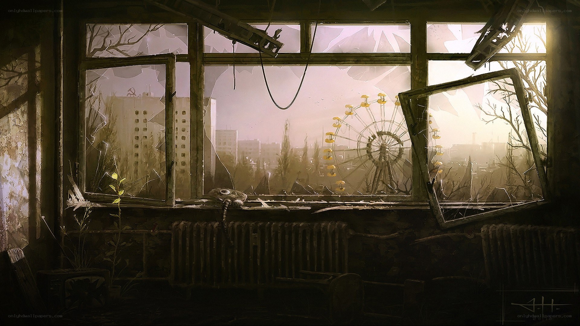 Abandoned room with Ferris wheel view