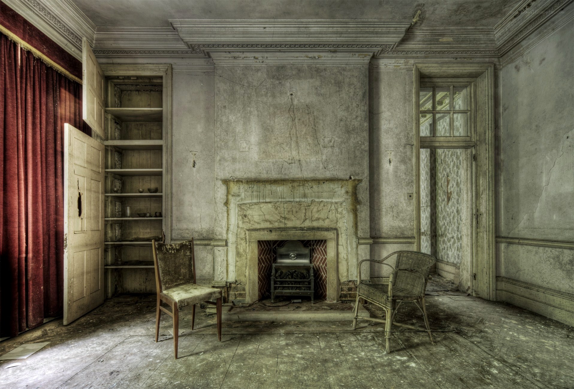 abandoned room with fireplace