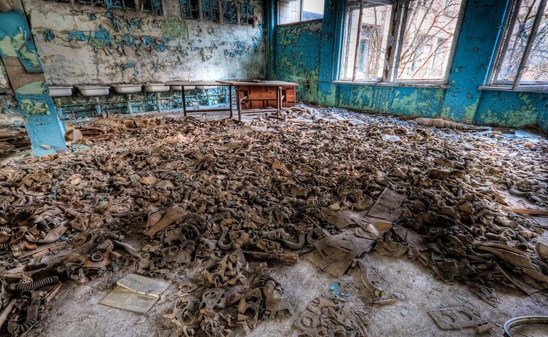 Abandoned Room with Gas Masks — Blue