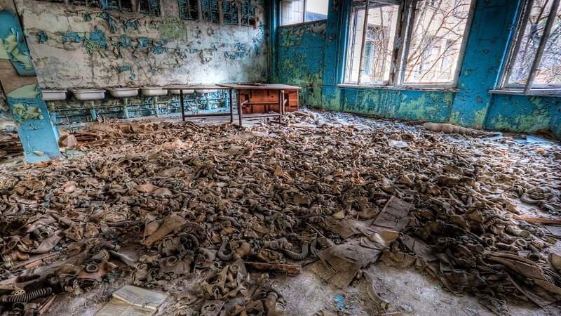 Abandoned Room with Gas Masks — Brown