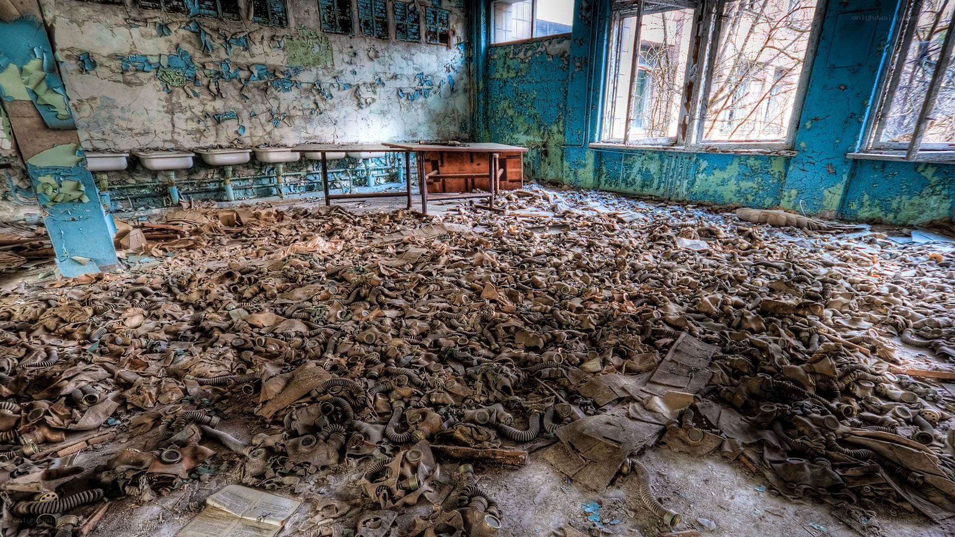 Abandoned room with gas masks