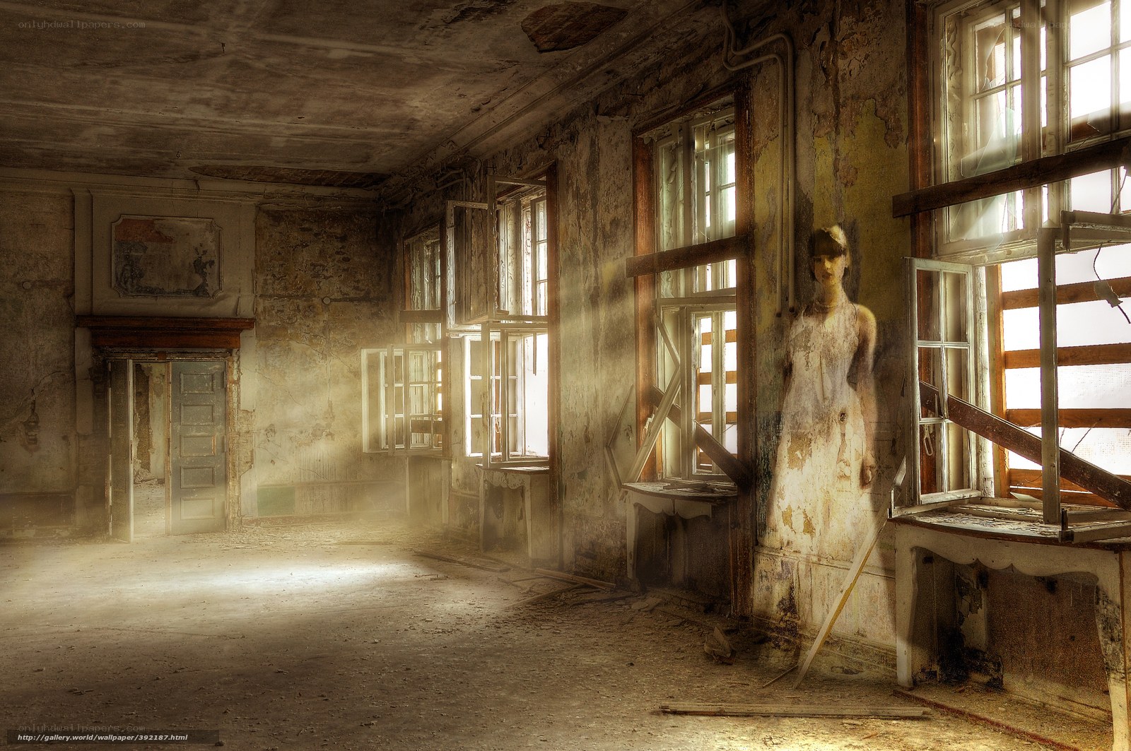 Abandoned room with ghostly figure