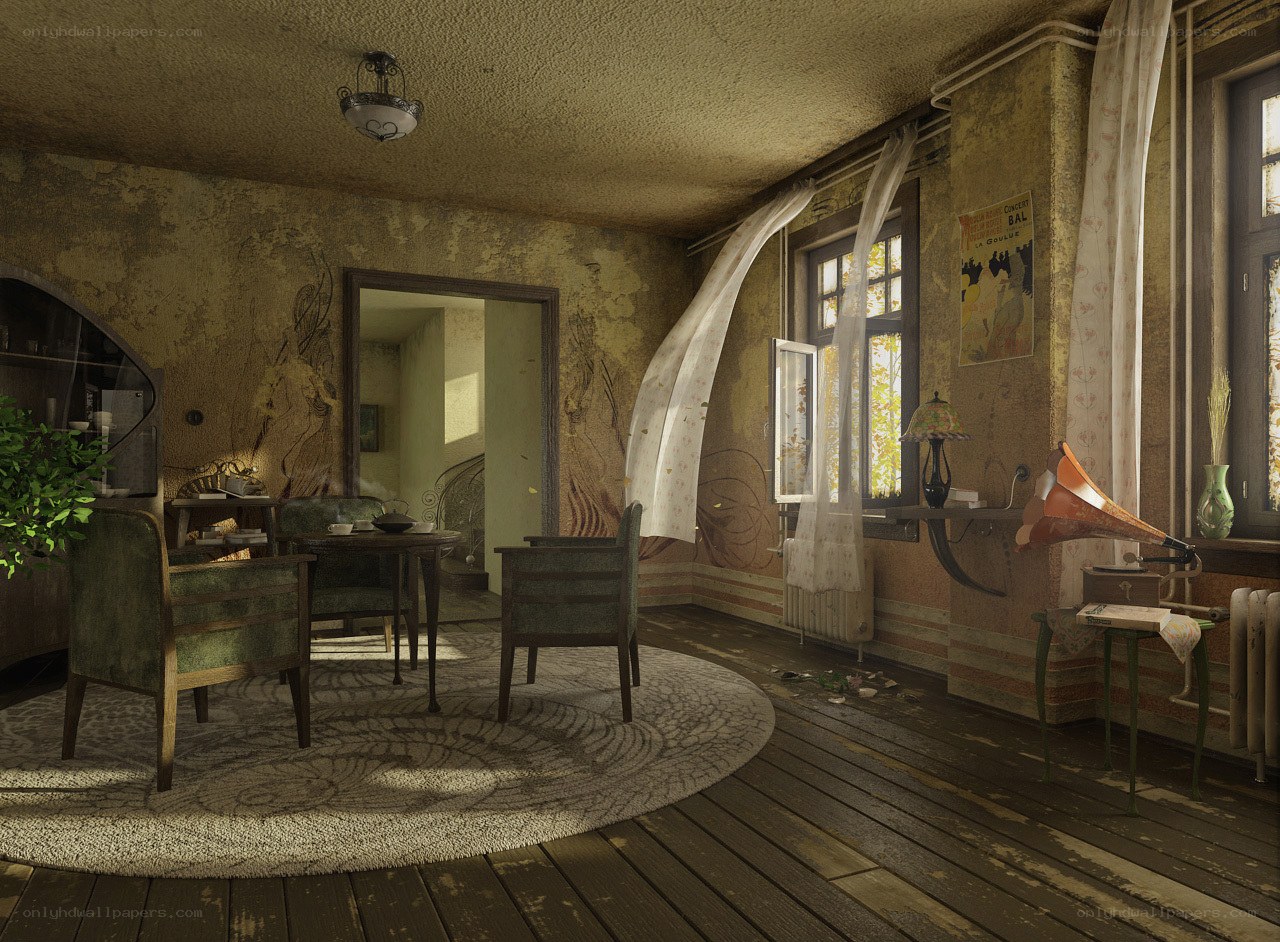 abandoned room with gramophone