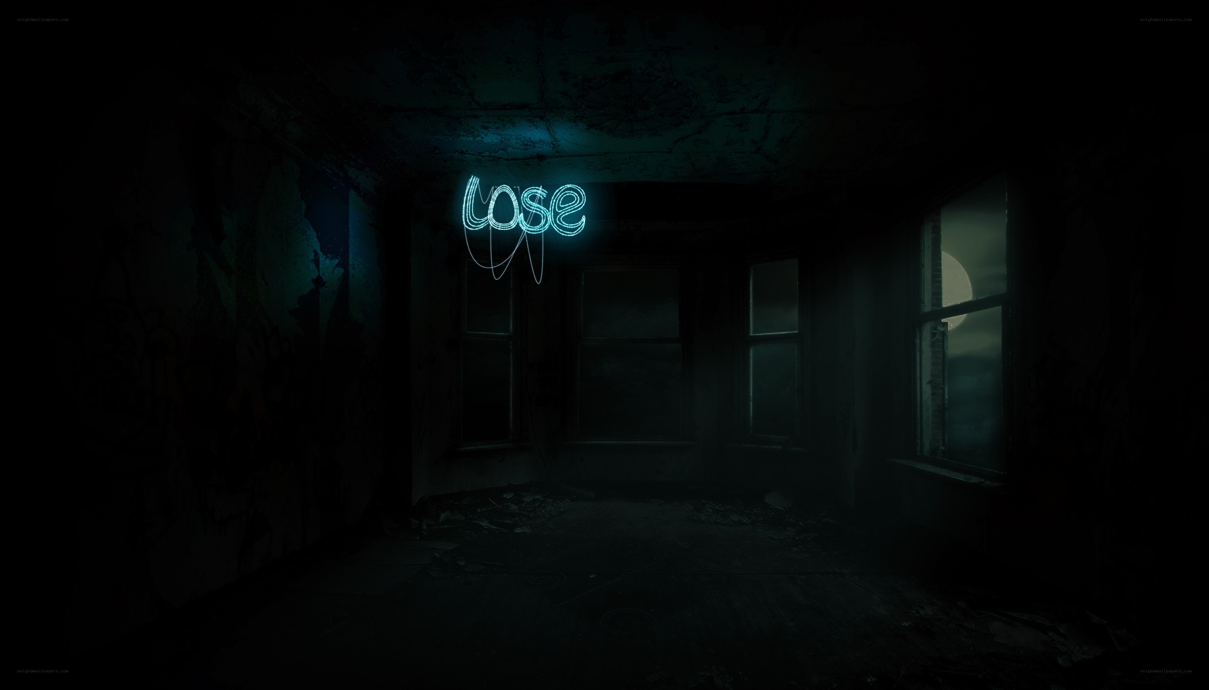 abandoned room with neon sign