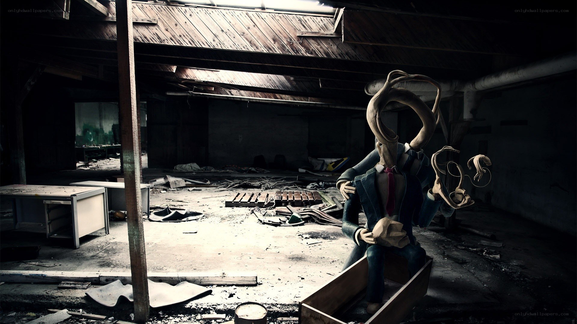 abandoned room with sculpture