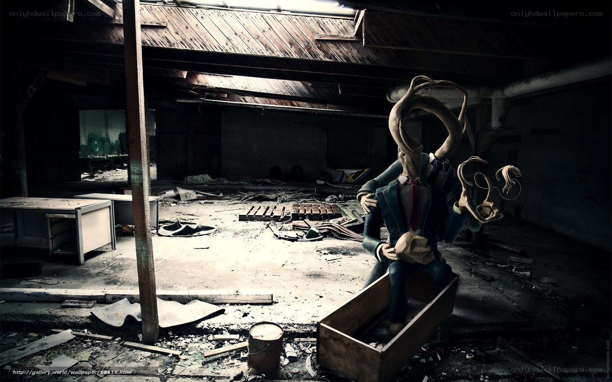 abandoned room with sculpture